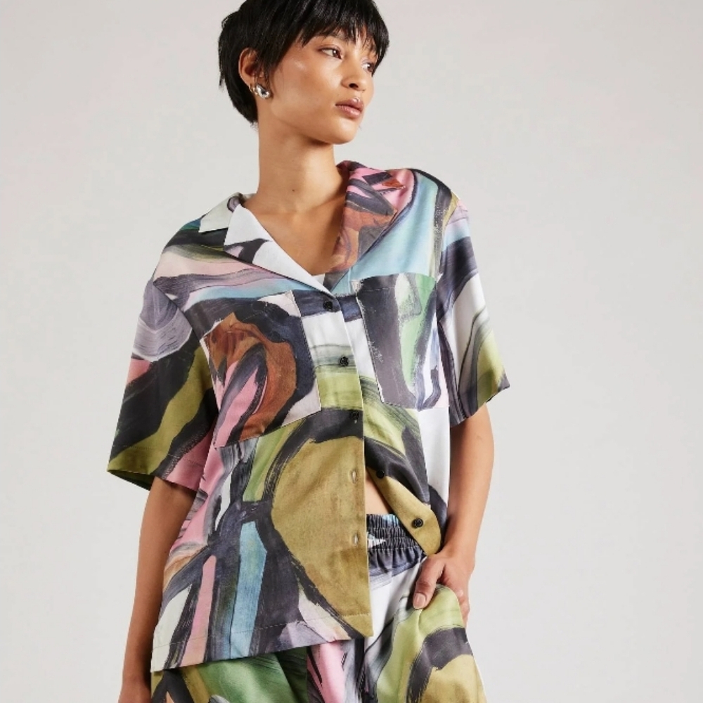 Topshop Satin Abstract Swirl Pattern Shirt